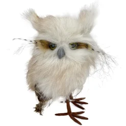 OWL BEIGE STANDING FAUX FUR 4.5″x7″ W/ FEATHERS