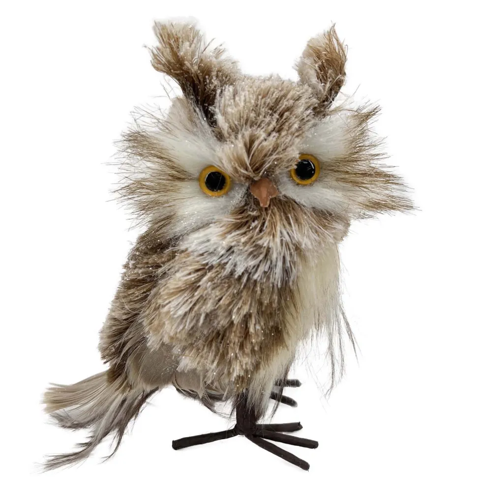 OWL BROWN WHITE STANDING FAUX FUR 3″x6″ SNOW FLOCKED
