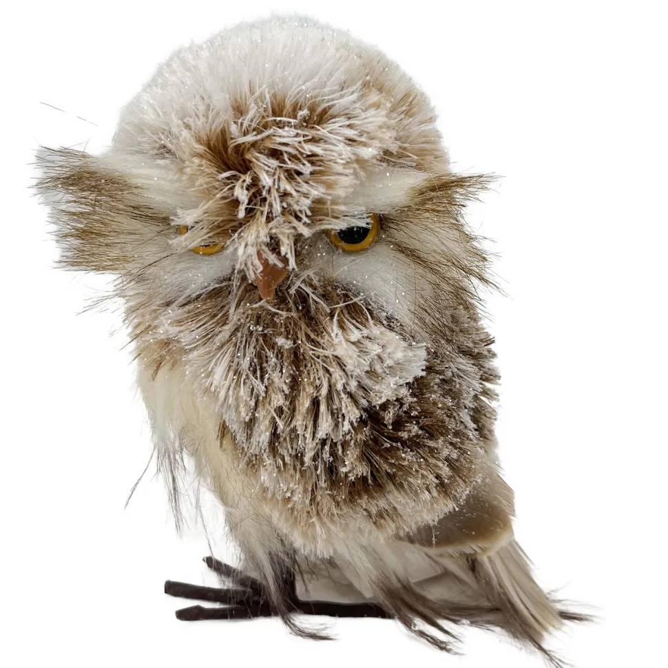 OWL BROWN /WHITE STANDING FAUX FUR 4″x5.5″ SNOW FLOCKED
