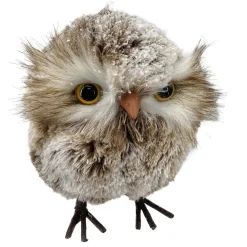 OWL BROWN/WHITE STANDING FAUX FUR 4.5″x5″ SNOW FLOCKED