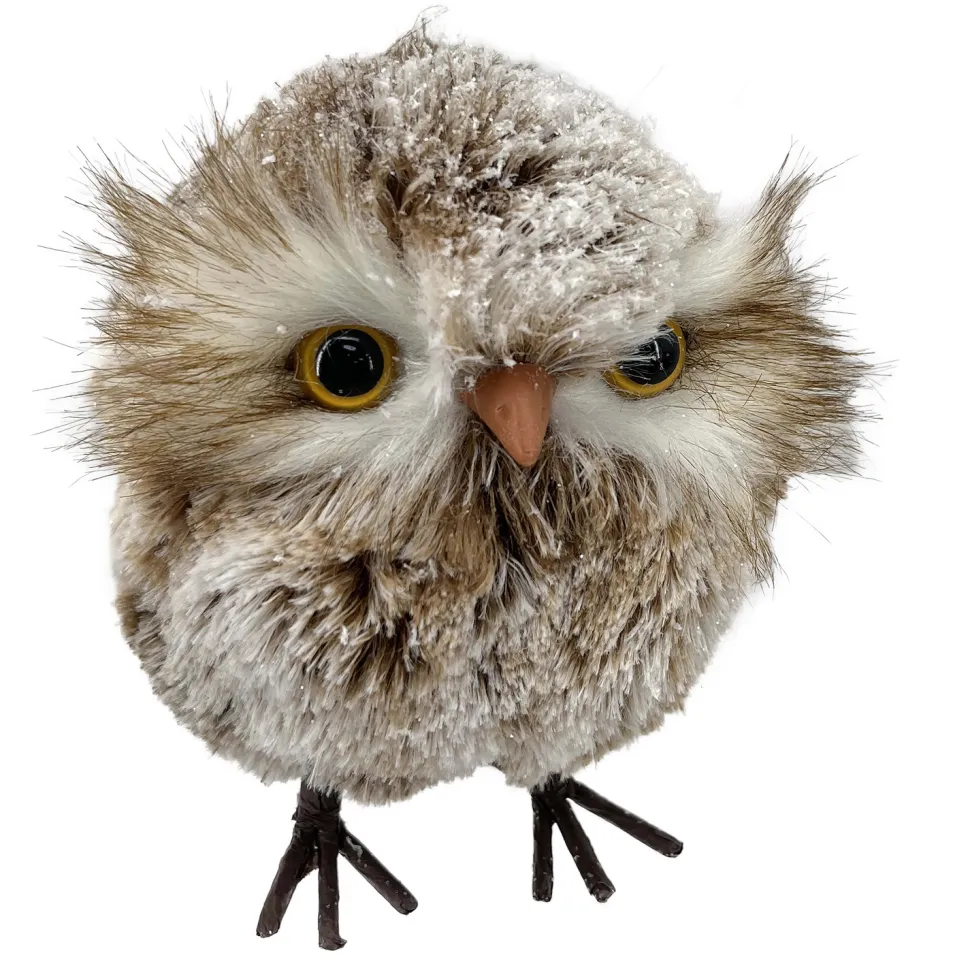 OWL BROWN/WHITE STANDING FAUX FUR 4.5″x5″ SNOW FLOCKED