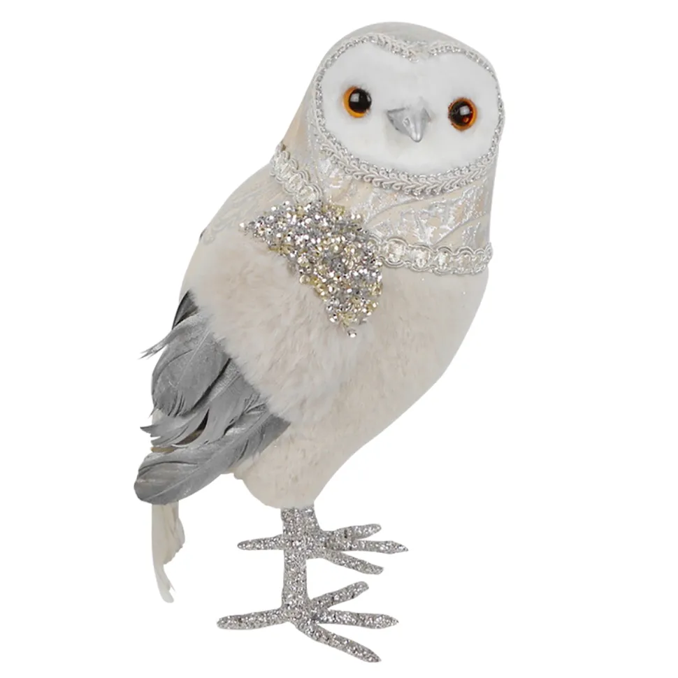 OWL IVORY 10″ STANDING W/ FUR FABRIC, GLITTER & SEQUIN