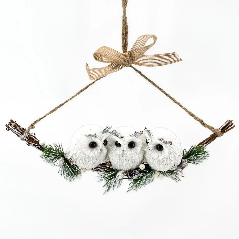 OWL WHITE 10.5″X4″ ON FROSTED BRANCH W/ HANGER 3-OWLS
