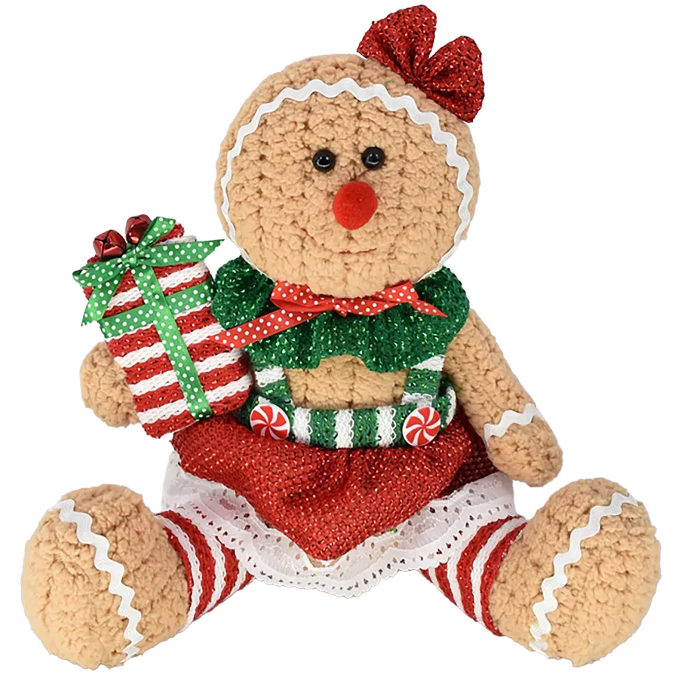 PLUSH GINGERBREAD GIRL SITTING 9″ W/ GIFT RED/BROWN