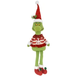PLUSH GRINCH SITTING DANGLING LEGS 25″ W/ SNOWFLAKE SWEATER RED/GREEN