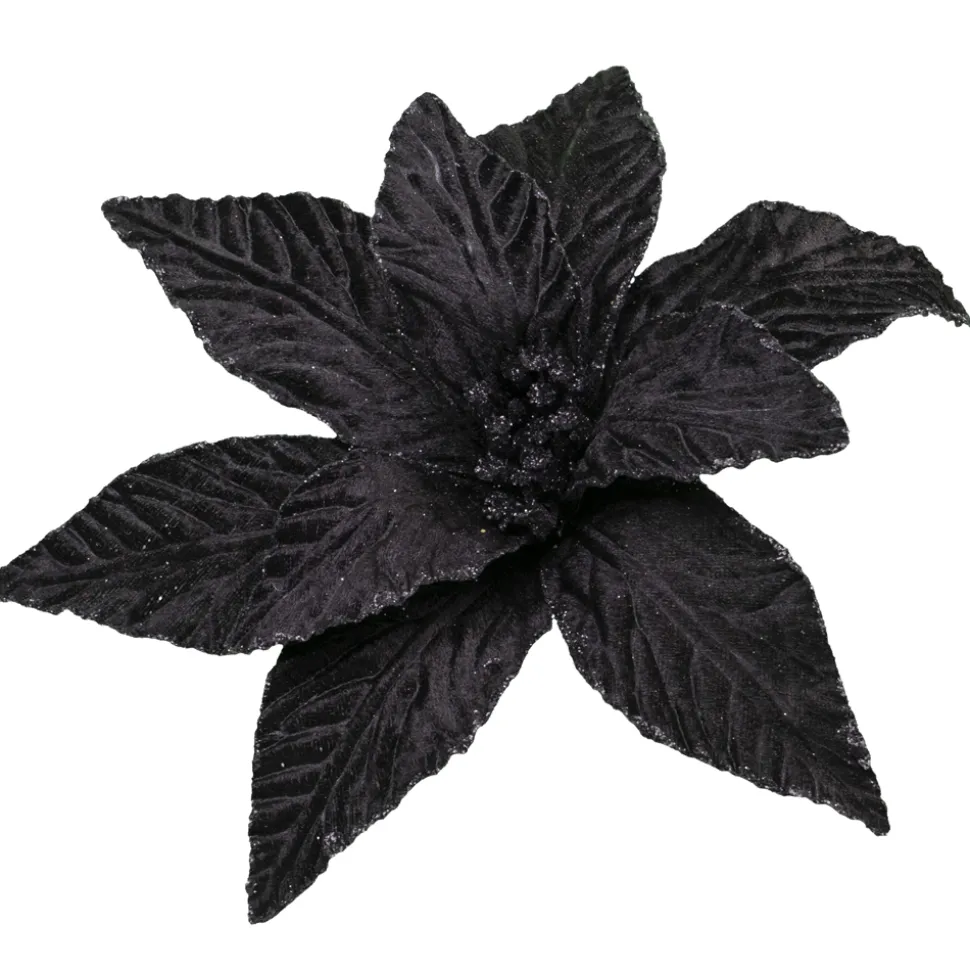 POINSETTIA HEAD BLACK 10″ VELVET W/ GLITTER EDGE & CLIP
