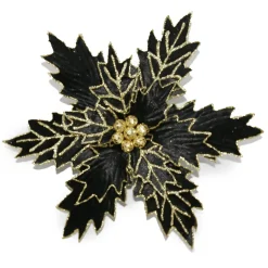 POINSETTIA HEAD BLACK 13.5″ VELVET W/ GOLD GLITTER W/ CLIP