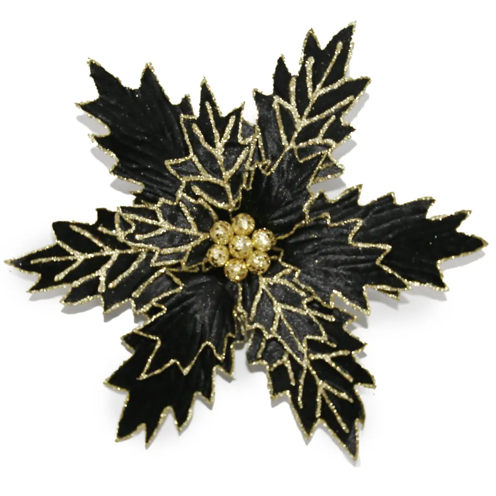 POINSETTIA HEAD BLACK 13.5″ VELVET W/ GOLD GLITTER W/ CLIP