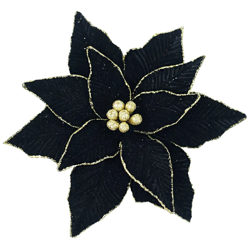 POINSETTIA HEAD BLACK 11.5″ VELVET W/ GOLD GLITTER EDGE & CLIP