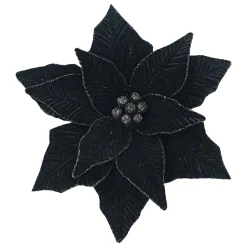 POINSETTIA HEAD BLACK 11.5″ VELVET W/ CLIP