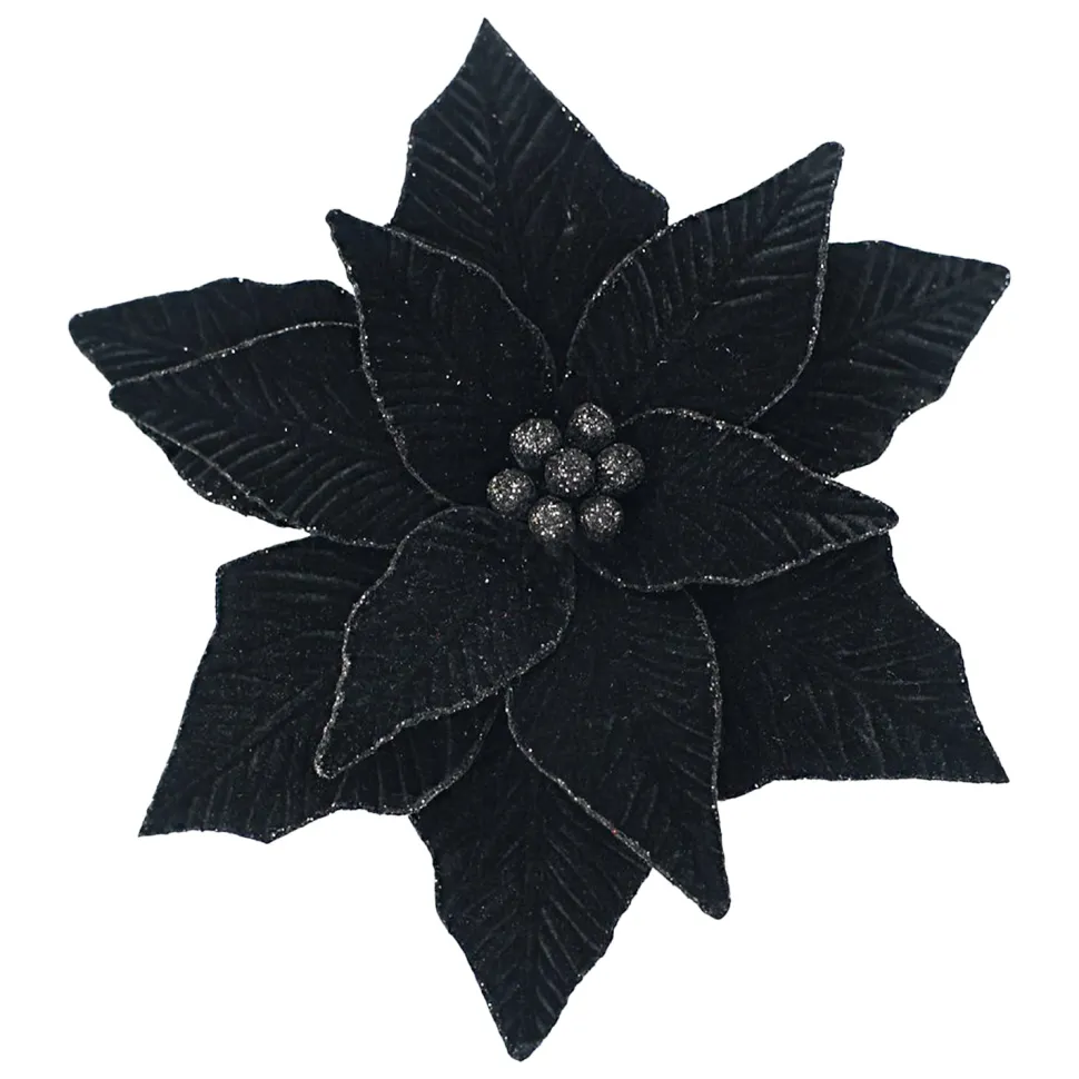 POINSETTIA HEAD BLACK 11.5″ VELVET W/ CLIP