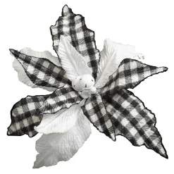 POINSETTIA HEAD BLACK / WHITE 13″ W/BERRY IN MIDDLE & CLIP