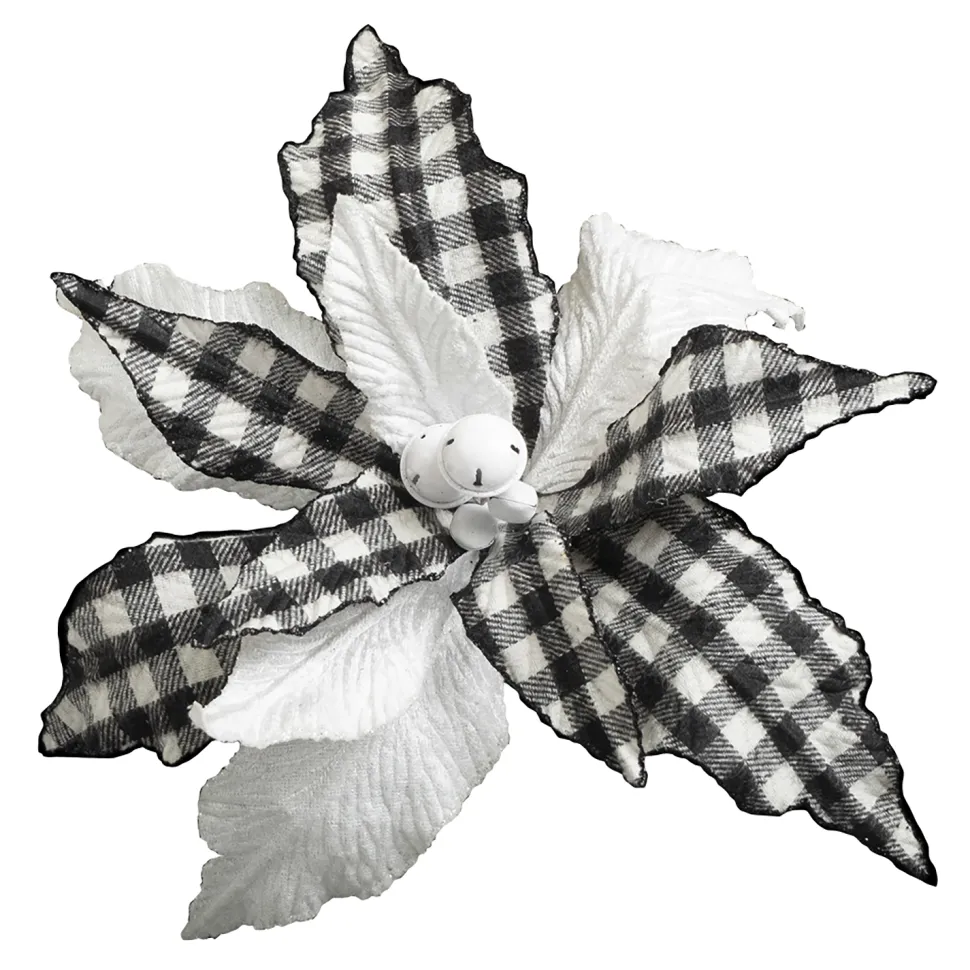 POINSETTIA HEAD BLACK / WHITE 13″ W/BERRY IN MIDDLE & CLIP