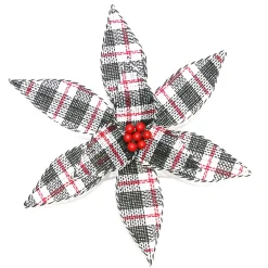 POINSETTIA HEAD BLACK / WHITE / RED 12.5″ PLAID W/BELLS W/CLIP