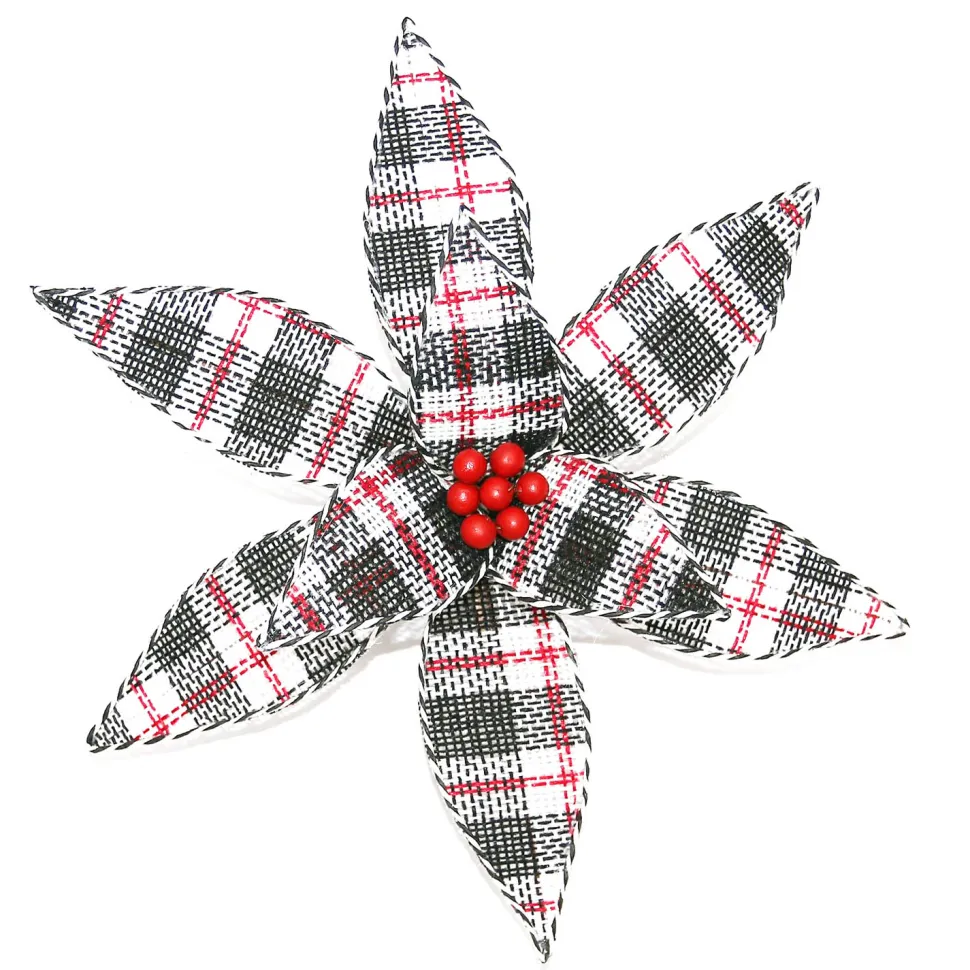 POINSETTIA HEAD BLACK / WHITE / RED 12.5″ PLAID W/BELLS W/CLIP
