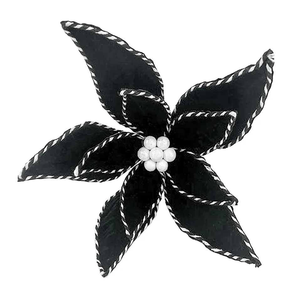 POINSETTIA HEAD BLACK /WHITE 7.5″ FABRIC W/RIBBON EDGE W/ CLIP