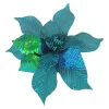 POINSETTIA HEAD BLUE / PEACOCK 9″ VELVET E W/ SEQUINS, GLITTER &CLIP