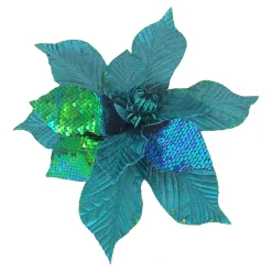POINSETTIA HEAD BLUE / PEACOCK 9″ VELVET E W/ SEQUINS, GLITTER &CLIP