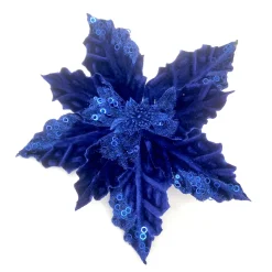 POINSETTIA HEAD BLUE COBALT 5″ VELVET W/SEQUIN AND CLIP