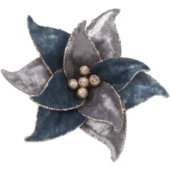 POINSETTIA HEAD BLUE /GRAY 7.5″ VELVET W/GLTR EDGE WITH CLIP