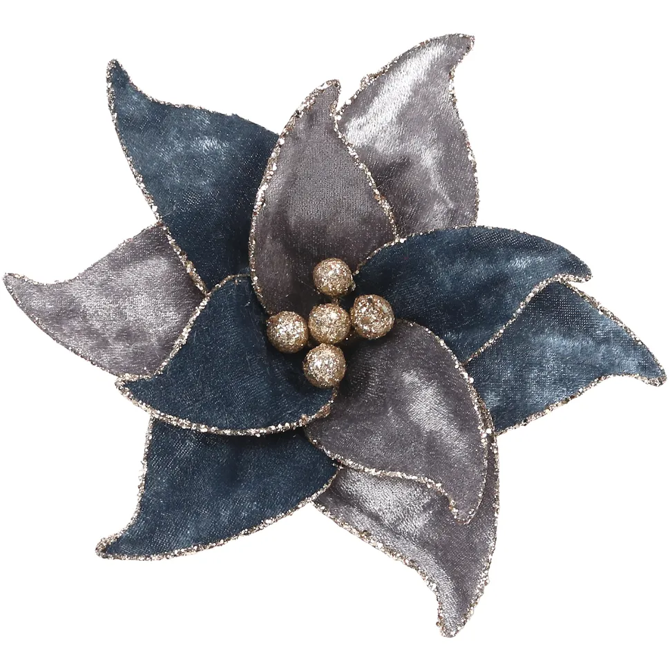 POINSETTIA HEAD BLUE /GRAY 7.5″ VELVET W/GLTR EDGE WITH CLIP