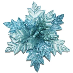POINSETTIA HEAD BLUE ICE 13.5″ W/GLITTER W/CLIP
