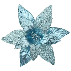 POINSETTIA HEAD BLUE ICE 12″ LEATHER METALLIC W/ CLIP