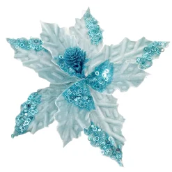 POINSETTIA HEAD BLUE LIGHT 5″ VELVET W/SEQUIN & CLIP