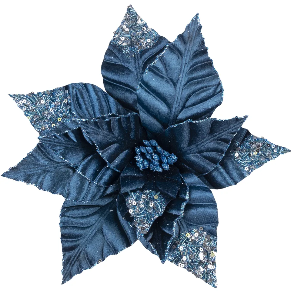 POINSETTIA HEAD BLUE NAVY 10″VELVET W/ SEQUINS & GLITTER W/ CLIP