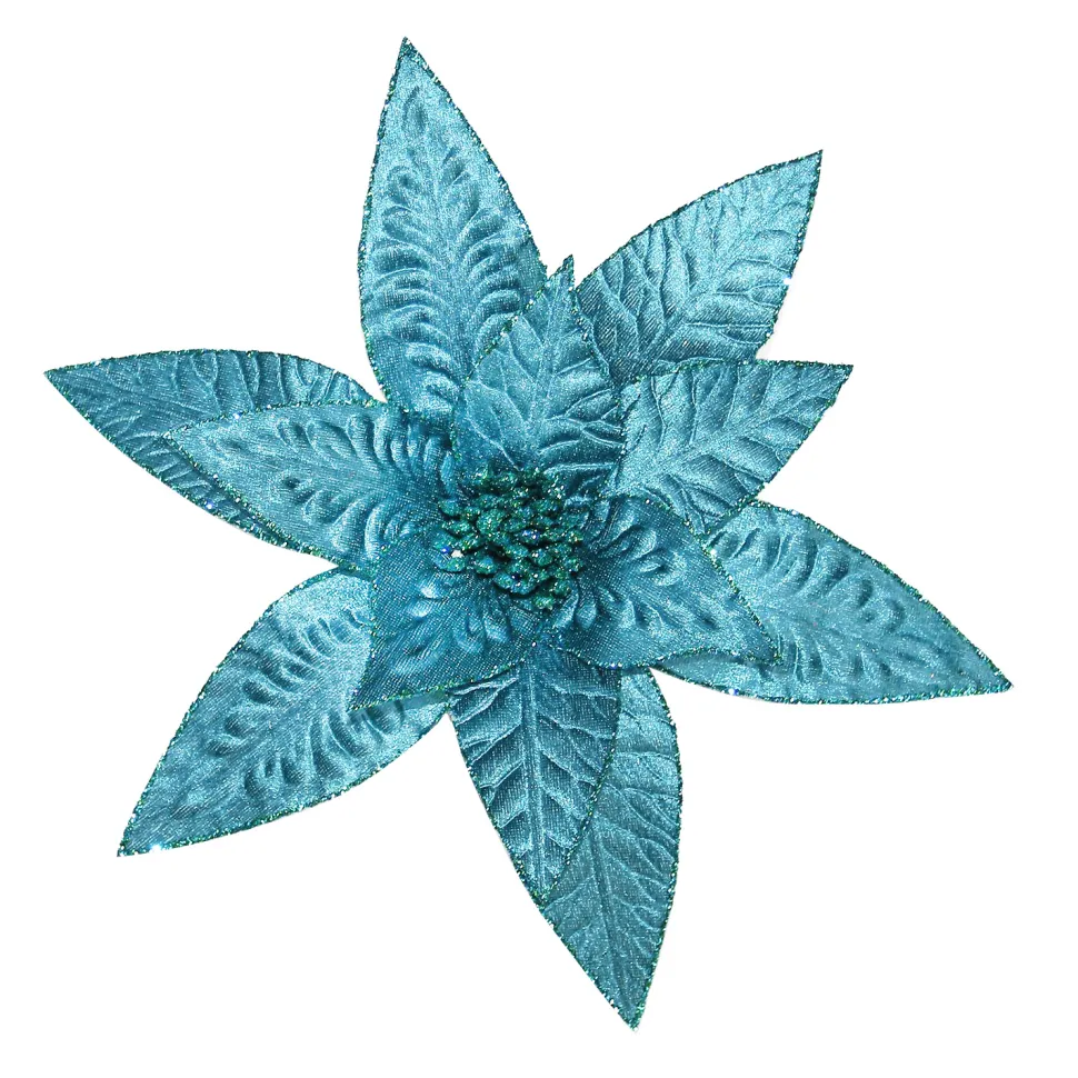 POINSETTIA HEAD BLUE PEACOCK 11.5″ W/ GLTR. & CLIP