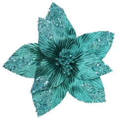 POINSETTIA HEAD BLUE/PEACOCK 11.5″ W/ GLTR & CLIP