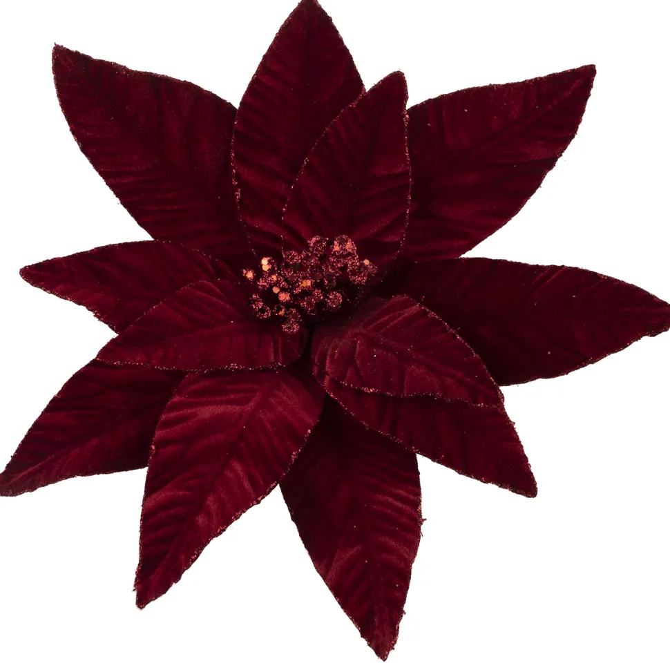POINSETTIA HEAD BURGUNDY 12″ VELVET W/ GLITTER BORDER W/ CLIP