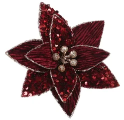 POINSETTIA HEAD BURGUNDY 7.5″ VELVET W/ SEQUIN & CLIP