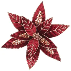 POINSETTIA HEAD BURGUNDY 12″ VELVET W/ CH GLITTER W/ CLIP