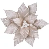 POINSETTIA HEAD CHAMPAGNE 10″ W/ GLITTER BORDER & PEARLS W/ CLIP