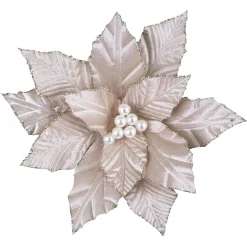 POINSETTIA HEAD CHAMPAGNE 10″ W/ GLITTER BORDER & PEARLS W/ CLIP