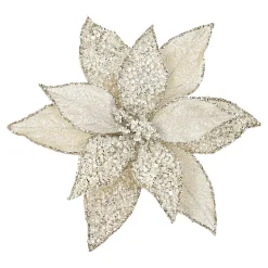 POINSETTIA HEAD CHAMPAGNE 11.5″ METALLIC ICED W/ CLIP