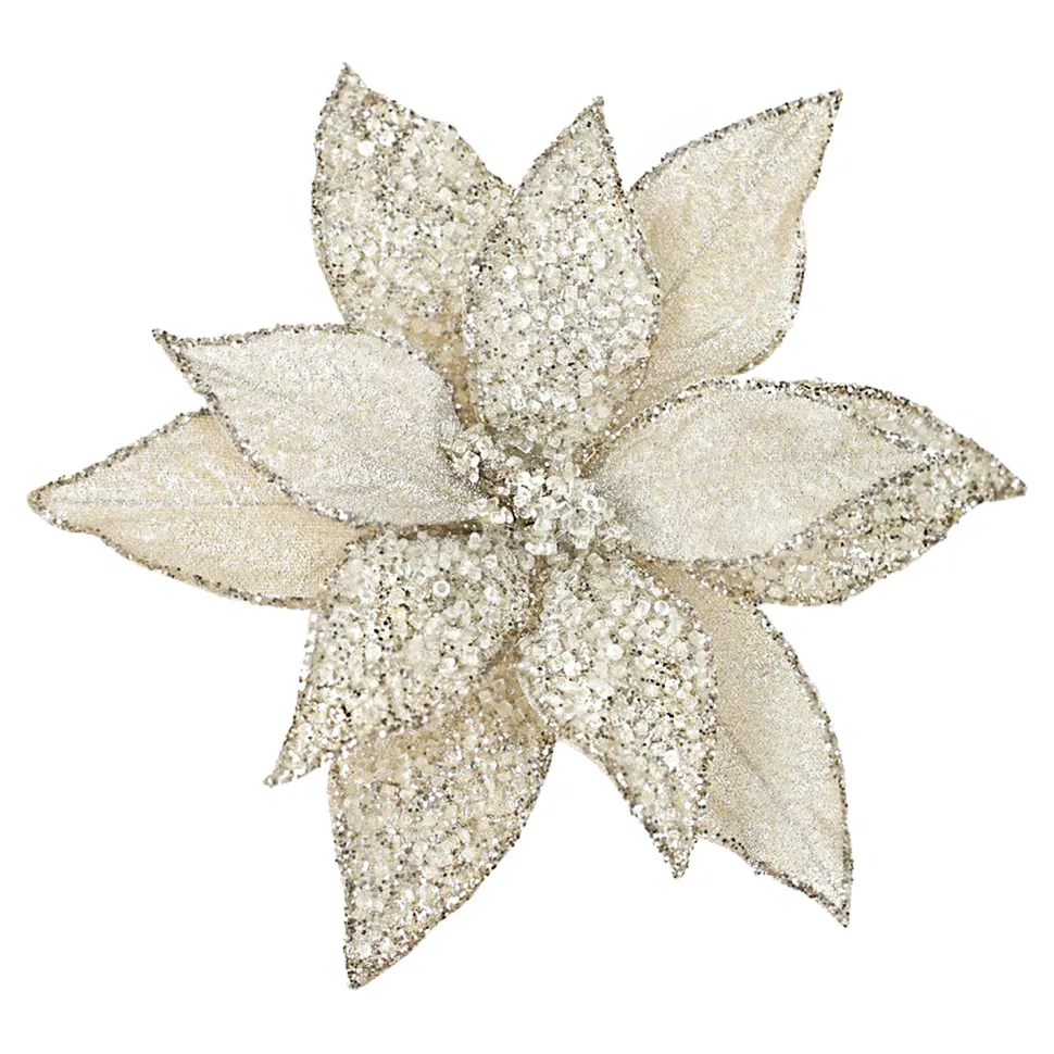 POINSETTIA HEAD CHAMPAGNE 11.5″ METALLIC ICED W/ CLIP