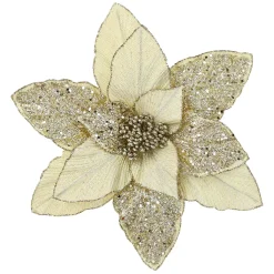 POINSETTIA HEAD CHAMPAGNE 11.5″ GLITTER METALLIC W/ CLIP