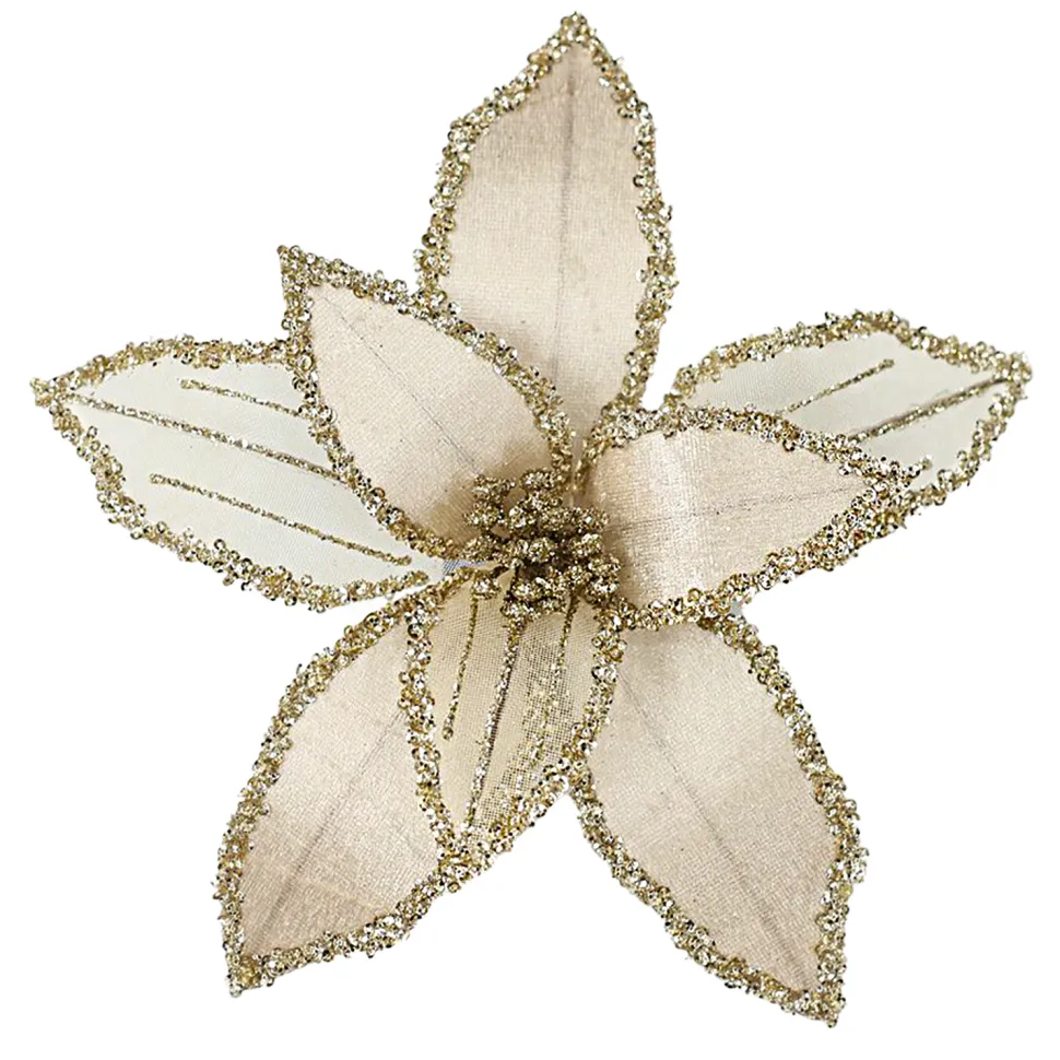 POINSETTIA HEAD CHAMPAGNE 9″ VELVET SHEER W/ CLIP