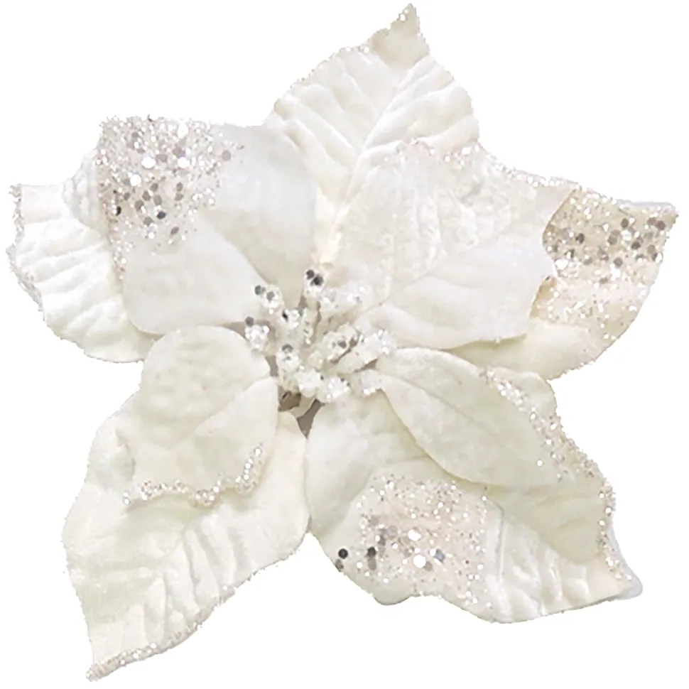POINSETTIA HEAD CREAM 9″ CARDED W/ GLITTER & CLIP