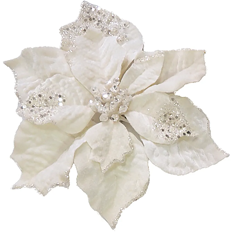 POINSETTIA HEAD CREAM 10″ CARDED W/ GLITTER & CLIP