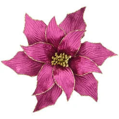 POINSETTIA HEAD FUCHSIA/ MAGENTA 12″ VELVET W/ CH GLITTER EDGE & CLIP