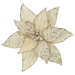 POINSETTIA HEAD GOLD 11.5″ METALLIC ICED W/ CLIP