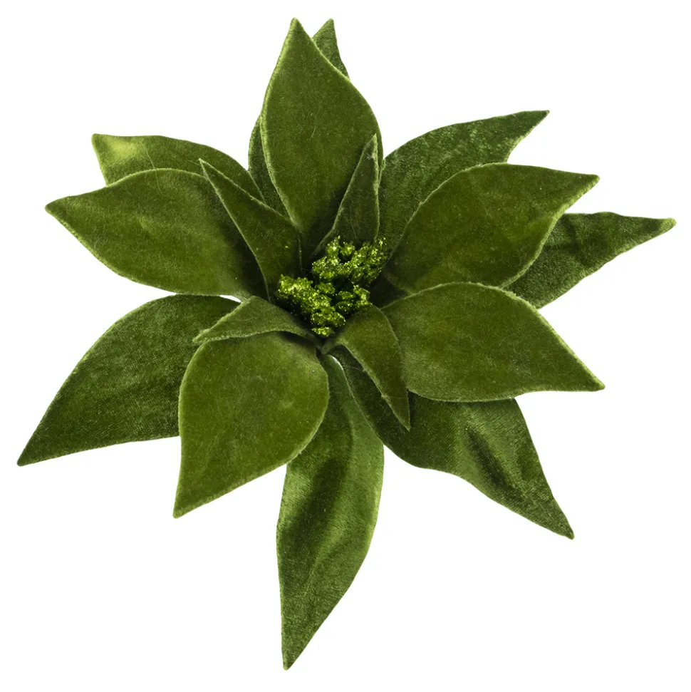 POINSETTIA HEAD GREEN 9″ VELVET W/ CLIP