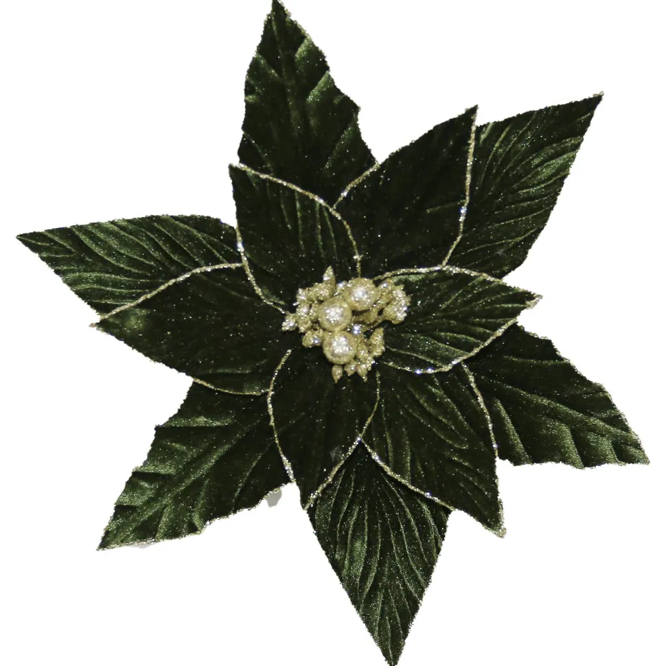 POINSETTIA HEAD GREEN DARK /CHAMPAGNE 11.5″ W/ CLIP