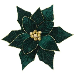 POINSETTIA HEAD GREEN /EMERALD 12″ VELVET W/GOLD GLITTER EDGE W/CLIP