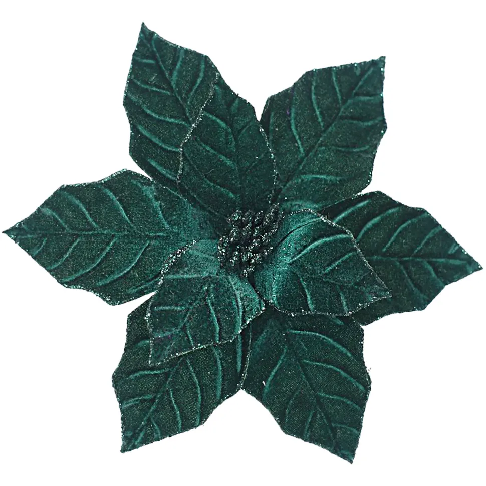 POINSETTIA HEAD GREEN EMERALD 9.5″ VELVET W/ CLIP