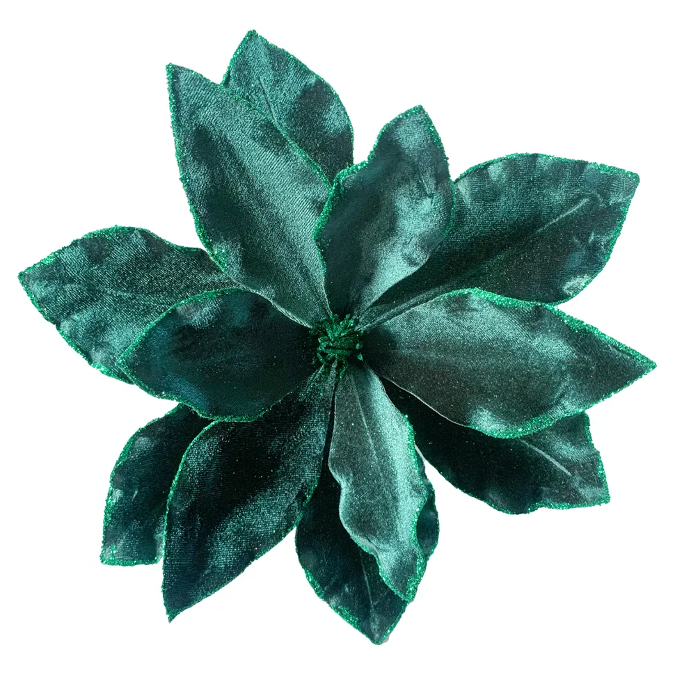 POINSETTIA HEAD GREEN PEACOCK 10.5″ VELVET W/ GLITTER EDGE & CLIP
