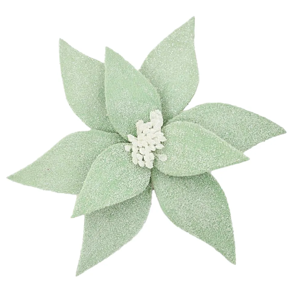 POINSETTIA HEAD GREEN SAGE 11.5″ FROSTED WOOL W/ CLIP